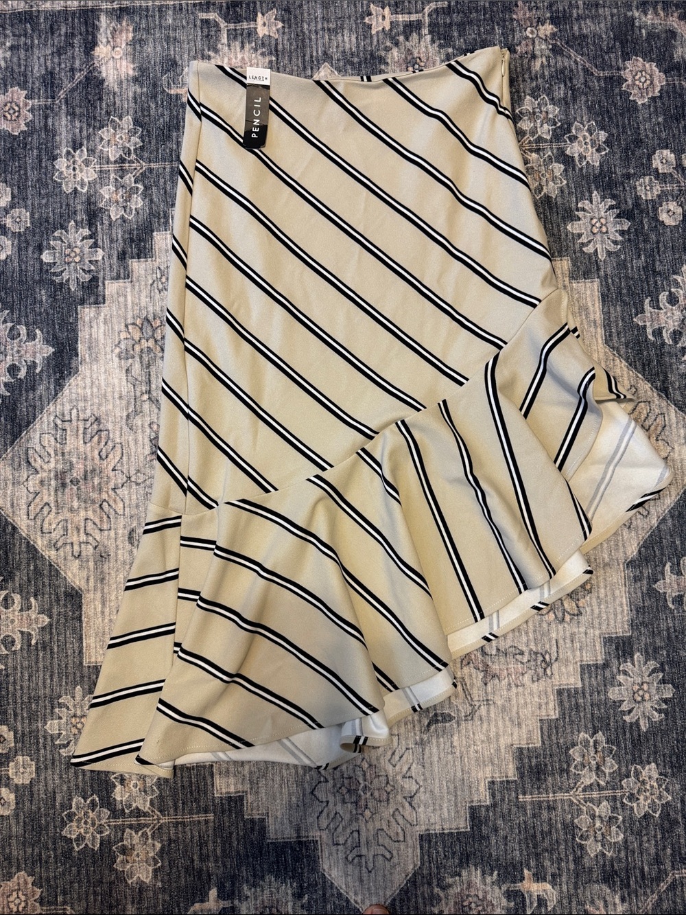 Boom Boom Jeans Cream and Black Striped Pencil Skirt with Ruffle Hem